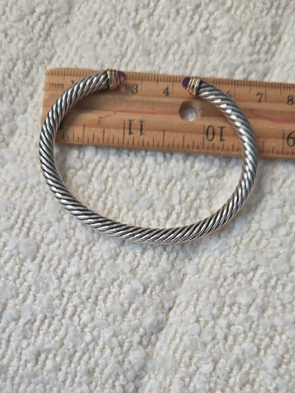David Yurman Sterling Silver Cable Cuff with Amethyst Gemstone Terminals - Picture 3 of 4